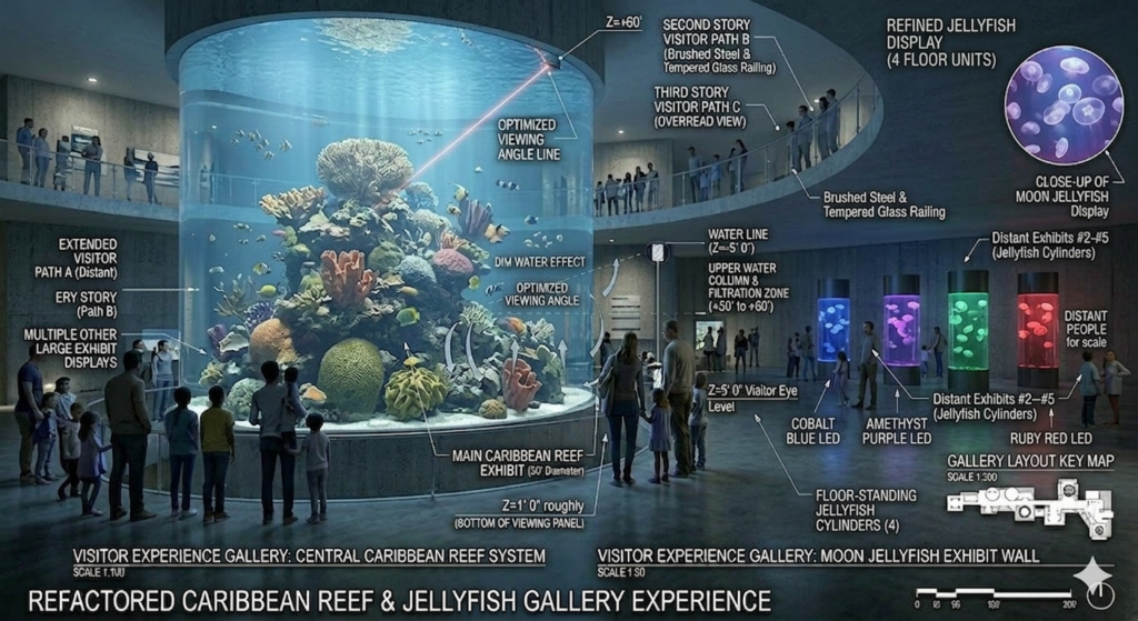 Large Caribbean Reef display in three Story Cylinder tank with 3rd floor viewing deck. a wall of moon jelly display cylinders in the background.